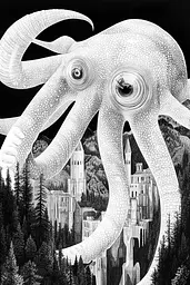 Midjourney generated image using SREF code Fragments of Dream: A black and white illustration of an octopus in front of a castle.