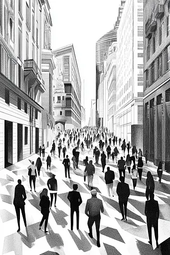 Midjourney generated image using SREF code Fragments of Dream: A black and white drawing of people walking down a city street.