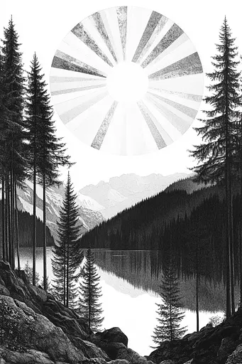 Midjourney generated image using SREF code Fragments of Dream: A black and white illustration of a mountain lake surrounded by trees.