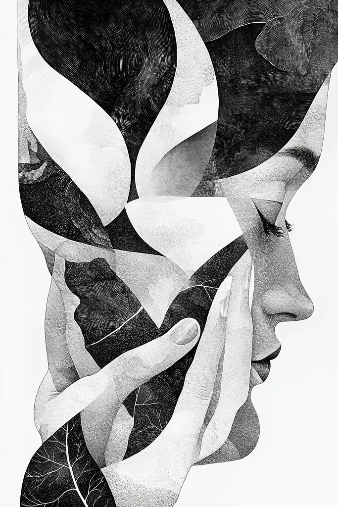 Midjourney generated image using SREF code Fragments of Dream: A black and white drawing of a woman's face with her eyes closed.