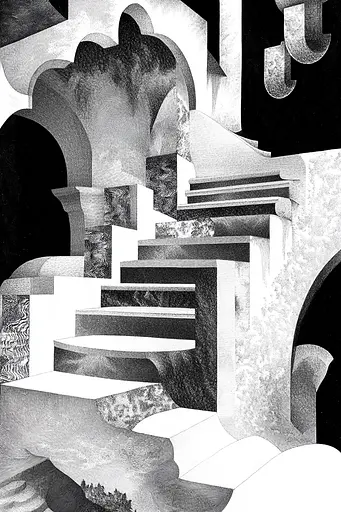 Midjourney generated image using SREF code Fragments of Dream: A black and white drawing of a stairway in a building.