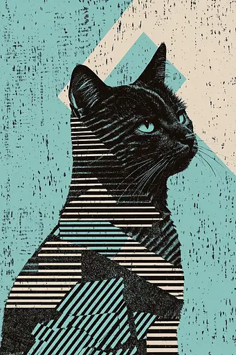 Midjourney generated image using SREF code Geometric Reverie: A black cat with blue eyes sitting in front of a blue background.