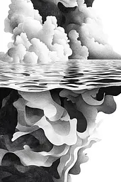 Midjourney generated image using SREF code Fragments of Dream: A black and white illustration of clouds floating in the ocean.