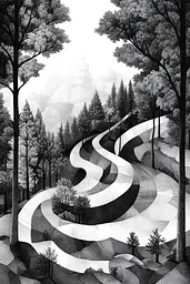 Midjourney generated image using SREF code Fragments of Dream: A black and white drawing of a winding road in the woods.