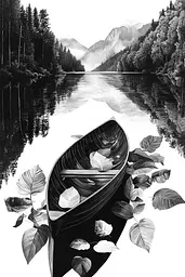 Midjourney generated image using SREF code Fragments of Dream: A black and white drawing of a boat on a lake.