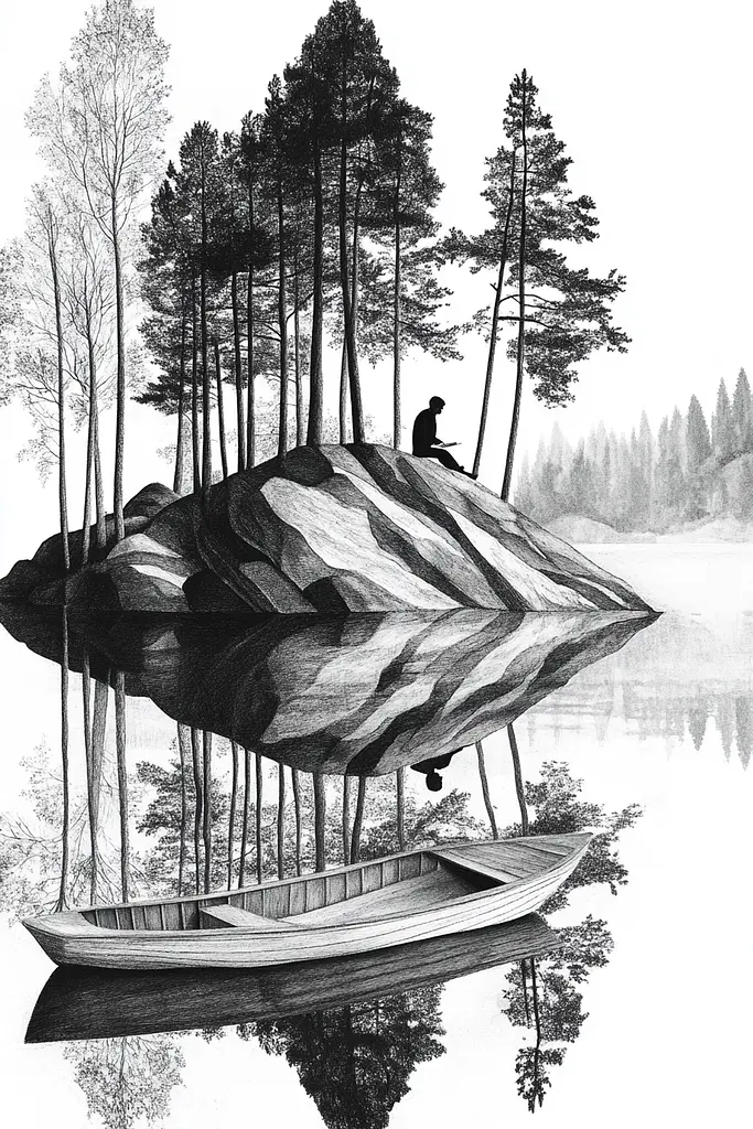 Midjourney generated image using SREF code Fragments of Dream: A black and white drawing of a man sitting on a rock in the middle of a lake.