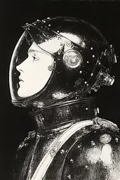 Midjourney generated image using SREF code Ebon Overtones: A black and white drawing of a woman in a space suit.