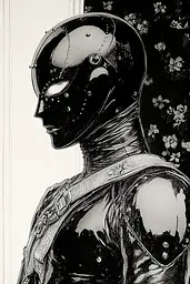 Midjourney generated image using SREF code Ebon Overtones: A black and white drawing of a woman wearing a helmet.