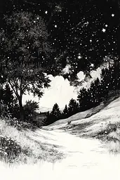 Midjourney generated image using SREF code Ebon Overtones: A black and white drawing of a dirt road under a starry sky.