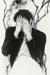 Midjourney generated image using SREF code Ebon Overtones: A black and white drawing of a man covering his face with his hands.