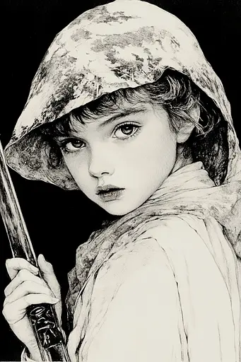 Midjourney generated image using SREF code Ebon Overtones: A black and white drawing of a young girl holding a sword.