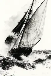 Midjourney generated image using SREF code Ebon Overtones: A black and white photo of a sailboat in rough seas.