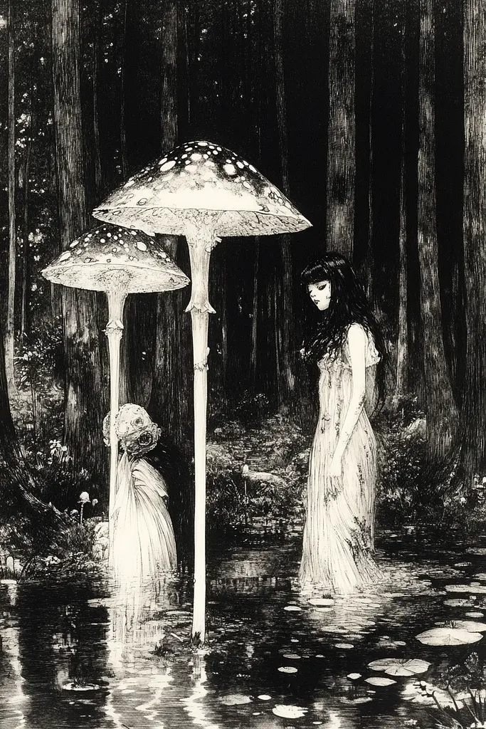 Midjourney generated image using SREF code Ebon Overtones: A black and white illustration of two women standing in a forest.