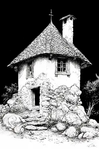 Midjourney generated image using SREF code Ebon Overtones: A black and white drawing of a small house.