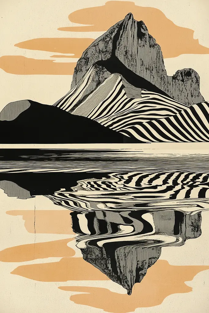 Midjourney generated image using SREF code Chromatic Vertigo: A black and white illustration of a mountain reflected in the water.