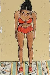 Midjourney generated image using SREF code Enchanted Tales: A drawing of a woman in a red bikini standing on a striped rug.