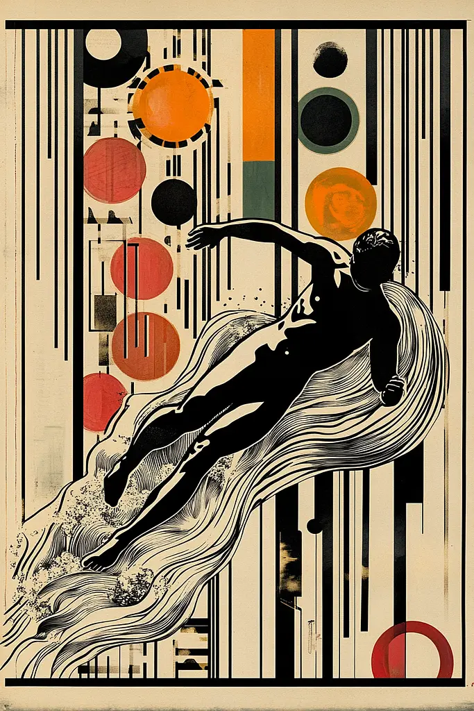 Midjourney generated image using SREF code Chromatic Vertigo: A black and white illustration of a man diving into the water.