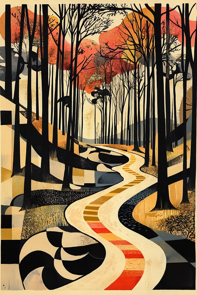 Midjourney generated image using SREF code Chromatic Vertigo: A painting of a winding road in the woods.