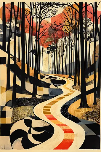 Midjourney generated image using SREF code Chromatic Vertigo: A painting of a winding road in the woods.