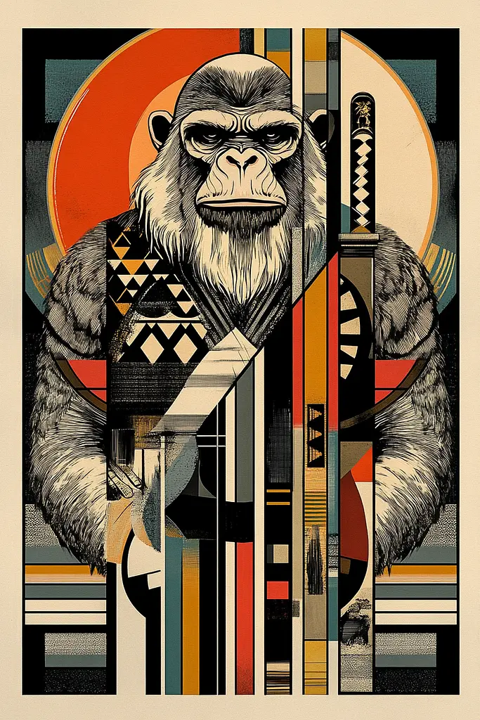 Midjourney generated image using SREF code Chromatic Vertigo: A poster of a gorilla holding a samurai sword.