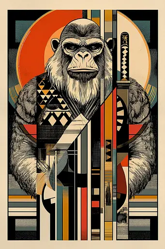 Midjourney generated image using SREF code Chromatic Vertigo: A poster of a gorilla holding a samurai sword.