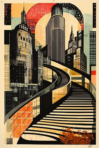 Midjourney generated image using SREF code Chromatic Vertigo: A poster of a cityscape with stairs leading up to the top of it.