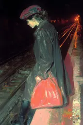 Midjourney generated image using SREF code Fire Walk With Me: A painting of a woman waiting for a train at night.