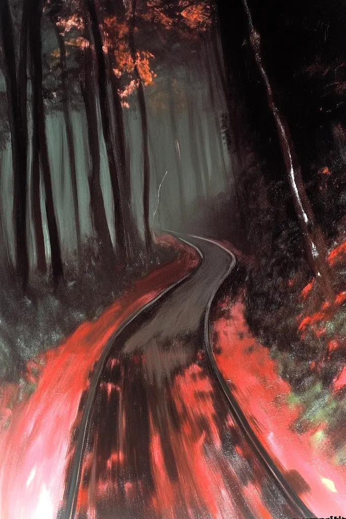 Midjourney generated image using SREF code Fire Walk With Me: A painting of a road in the middle of a forest.