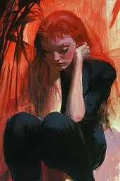 Midjourney generated image using SREF code Fire Walk With Me: A painting of a woman with red hair sitting on the ground.