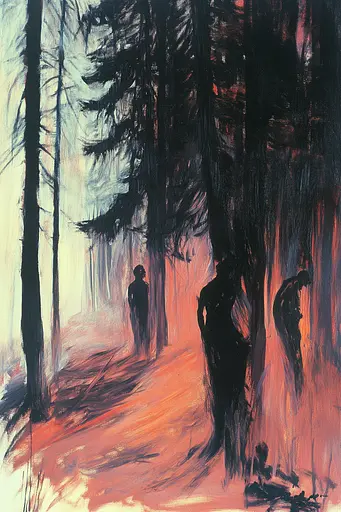 Midjourney generated image using SREF code Fire Walk With Me: A painting of a group of people walking through a forest.