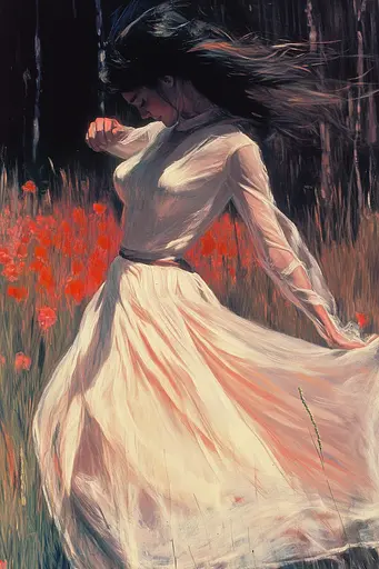 Midjourney generated image using SREF code Fire Walk With Me: A painting of a woman in a white dress in a field of flowers.