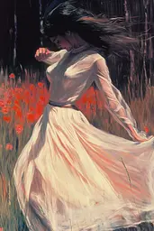 Midjourney generated image using SREF code Fire Walk With Me: A painting of a woman in a white dress in a field of flowers.