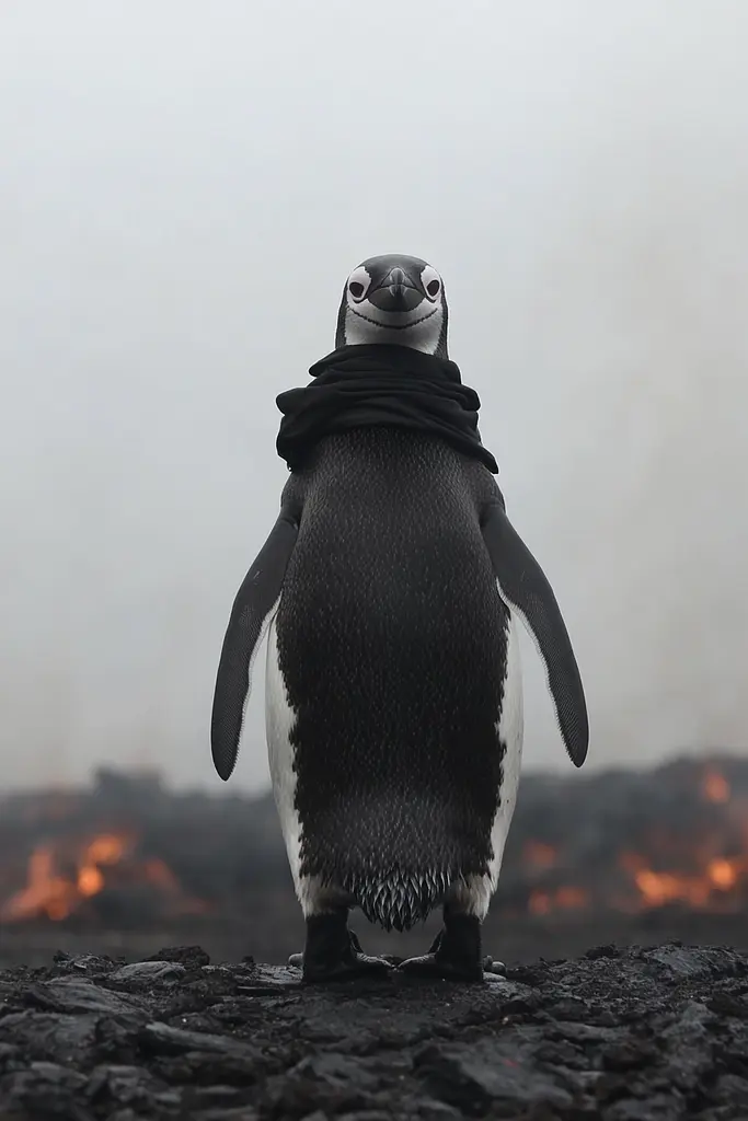 Midjourney generated image using SREF code Phantom Imprint: A penguin wearing a scarf standing on a rock.