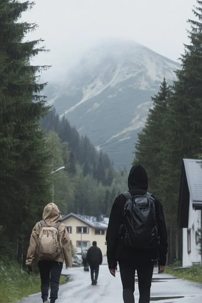 Midjourney generated image using SREF code Phantom Imprint: A couple of people walking down a road with a mountain in the background.