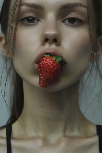 Midjourney generated image using SREF code Phantom Imprint: A woman with a strawberry in her mouth.