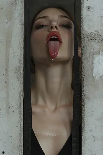 Midjourney generated image using SREF code Phantom Imprint: A woman sticking out her tongue in a jail cell.