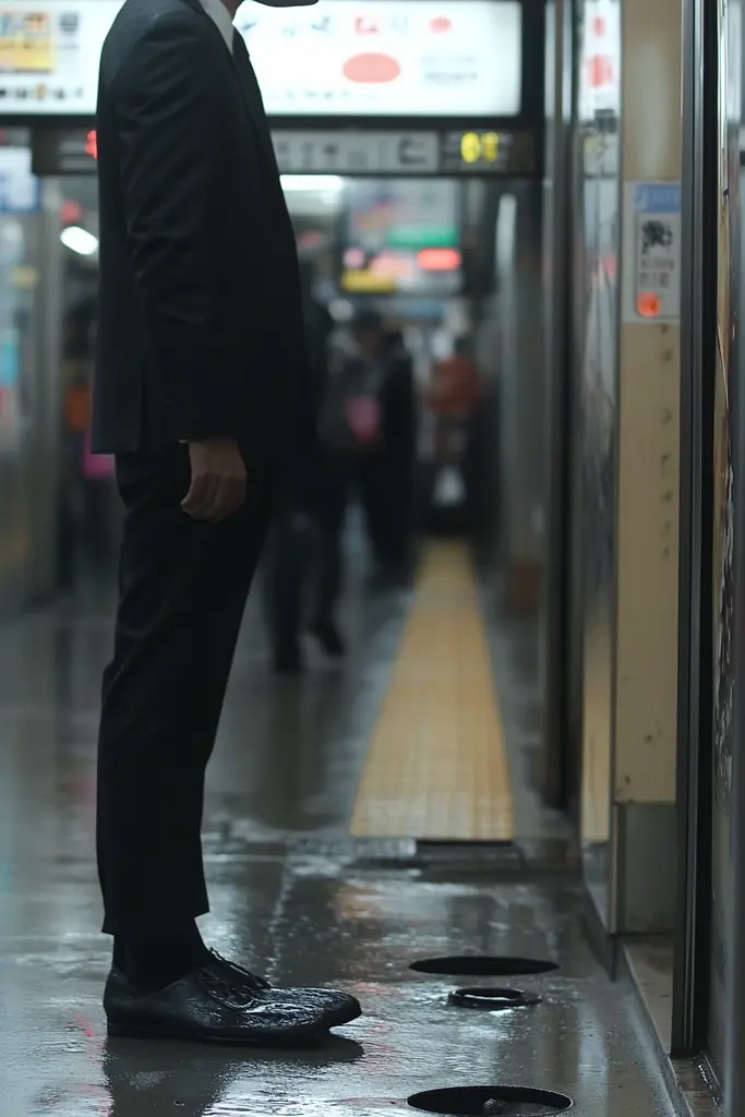 Midjourney generated image using SREF code Phantom Imprint: A man in a suit and hat standing on a subway platform.