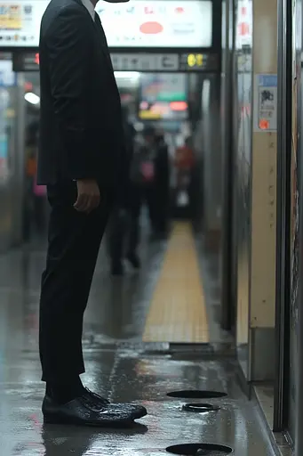 Midjourney generated image using SREF code Phantom Imprint: A man in a suit and hat standing on a subway platform.