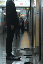 Midjourney generated image using SREF code Phantom Imprint: A man in a suit and hat standing on a subway platform.