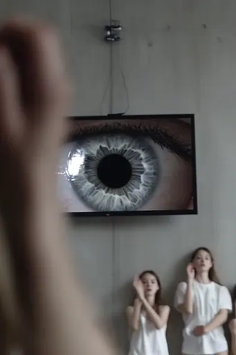 Midjourney generated image using SREF code Phantom Imprint: A group of young women standing in front of a television.