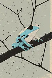 Midjourney generated image using SREF code Geometric Reverie: A blue and white frog sitting on a tree branch.