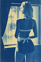 Midjourney generated image using SREF code Azure Reverberation: A woman standing in front of a window looking out the window.