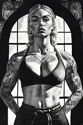 Midjourney generated image using SREF code Obsidian Musings: A black and white drawing of a woman with tattoos.