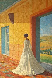 Midjourney generated image using SREF code Embera: A painting of a woman in a white dress standing in front of a yellow building.