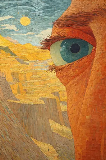 Midjourney generated image using SREF code Embera: A painting of a man's eye looking out over a desert landscape.