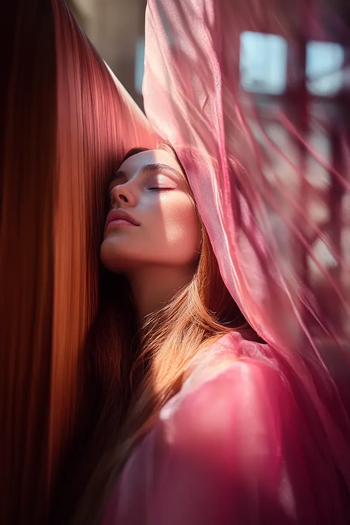 Midjourney generated image using SREF code Velvet Aura: A woman in a pink dress with her eyes closed.