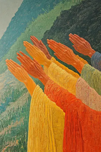 Midjourney generated image using SREF code Embera: A painting of a group of people with their hands raised in the air.