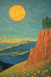 Midjourney generated image using SREF code Embera: A painting of a full moon rising over a mountain landscape.