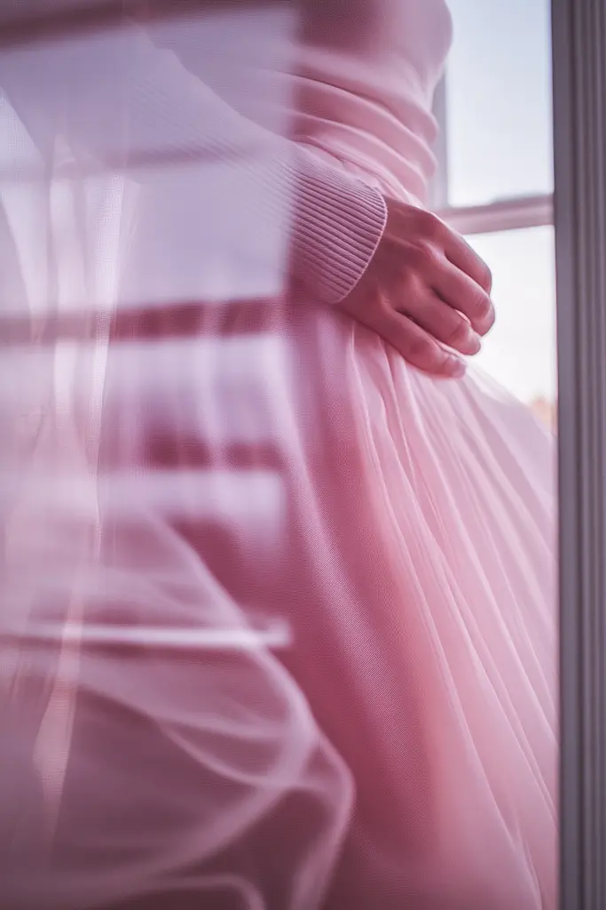 Midjourney generated image using SREF code Velvet Aura: A woman in a pink dress standing by a window.