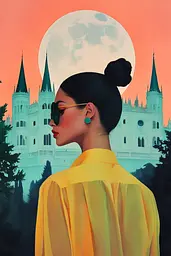 Midjourney generated image using SREF code Surreal Syntax: A woman in a yellow shirt and sunglasses standing in front of a castle.